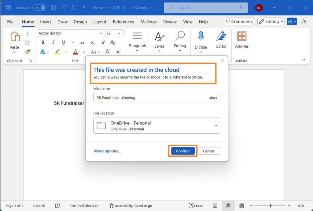 Word Microsoft One Drive cloud
